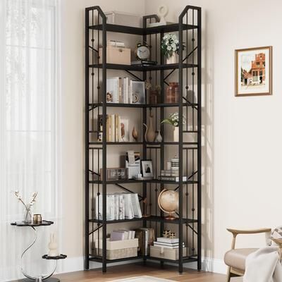 Garvee "Corner 5 Tier Bookshelf, 86""H Shaped Tall Bookcase Shelf Storage Organizer, Modern Book Shelf for Bedroom"
