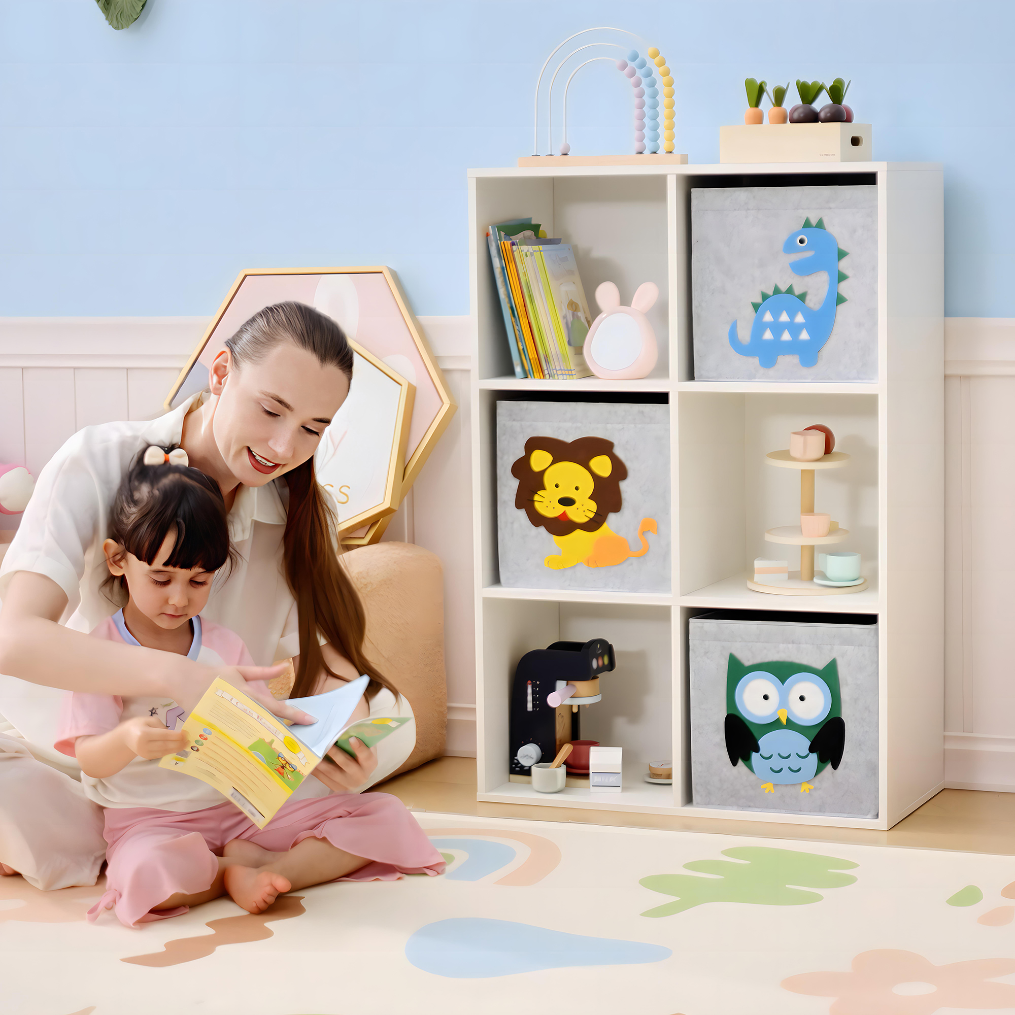 Zonekiz Scaffale Libreria Portagiochi Armadietto a Scomparti per Bambini 3+ Anni a 6 Cubi, in MDF e Melamina, Grigio e Bianco Aosom Italy