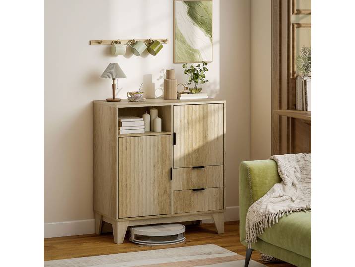 HOMCOM Buffet Salon Bois Naturel 2 Portes 2 Tiroirs 80x40x90cm