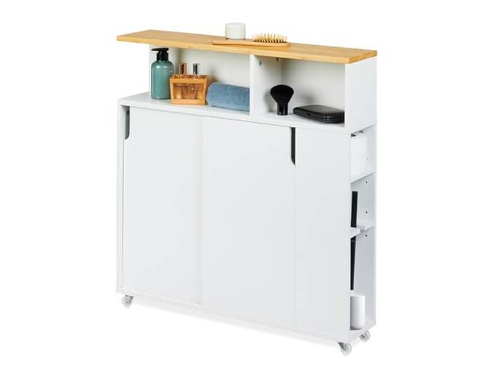 Relaxdays Nischenschrank Bad MDF Bambus, weiß/natur Rollwagen
