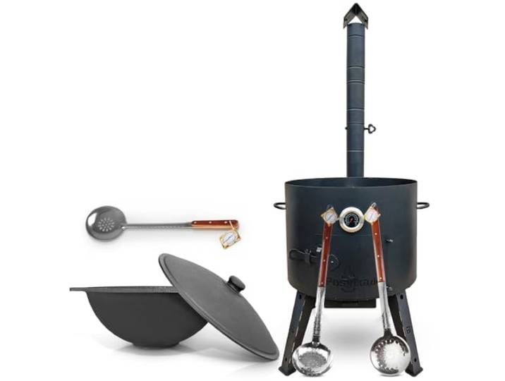 Utschak Feuerofen Gusseisen Topf flacher Boden mit Deckel (22 L) KazanoFF, Учаг, Kazan Outdoor, Feuerschale, Camping, Kasan, Gulaschkanone Dutch Oven (Set 22F-3)