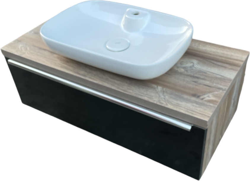 Badmöbel Unterschrank mit Keramik Waschschale 100x50cm Unterschrank Front Schwarz , Badmöbel 100, Keramik Waschbecken, Trägerplatte