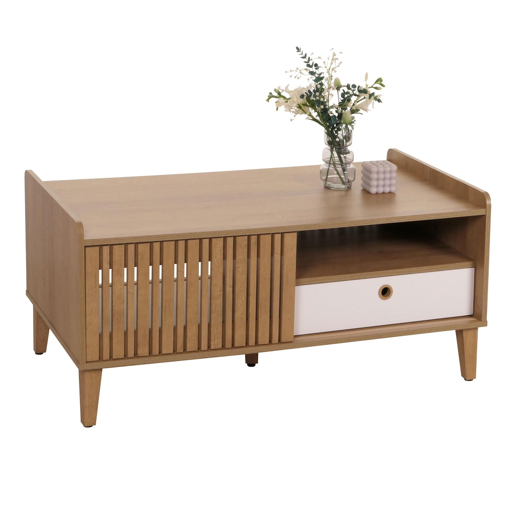 Couchtisch MCW-M48, Wohnzimmertisch Tisch Sofatisch, 52x114x59cm ~ natur, Schublade weiß