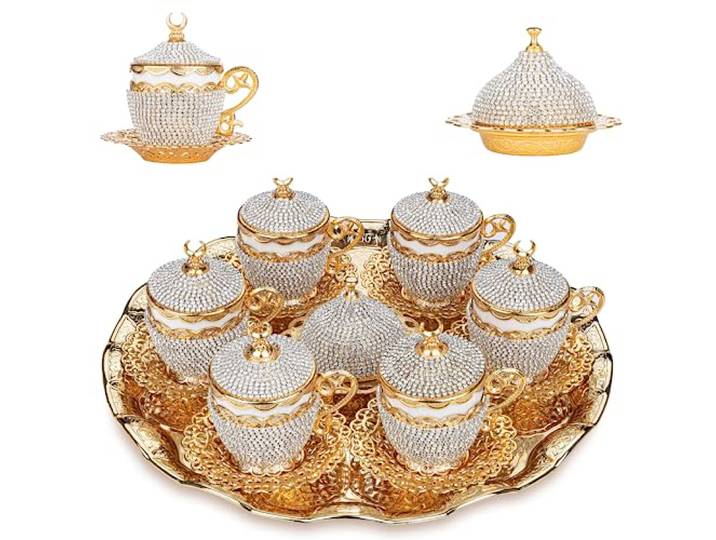 Alisveristime Gelincik Crystal Türkisches Kaffee-Set, 27-teilig, goldfarben 27-teiliges Kaffeeservice mit Kristallakzentuierung mit Tablett, Deckel und Servierteilen