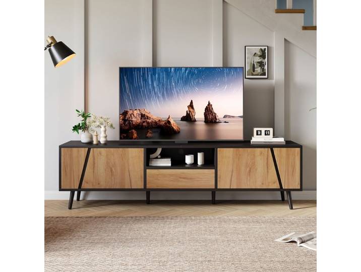 Meuble TV 180x40x46cm - avec 1 tiroir et 2 portes - convient pour TV 75 pouces - noir + naturel