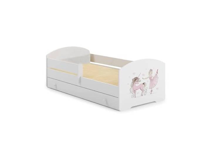 Dmora - Kinderbett Opole, Kinderbett für Schlafzimmer, Einzelbett mit Kommoden, Struktur mit ausziehbarem Bett, 85x164 h63 cm, Weiß mit Einhorn