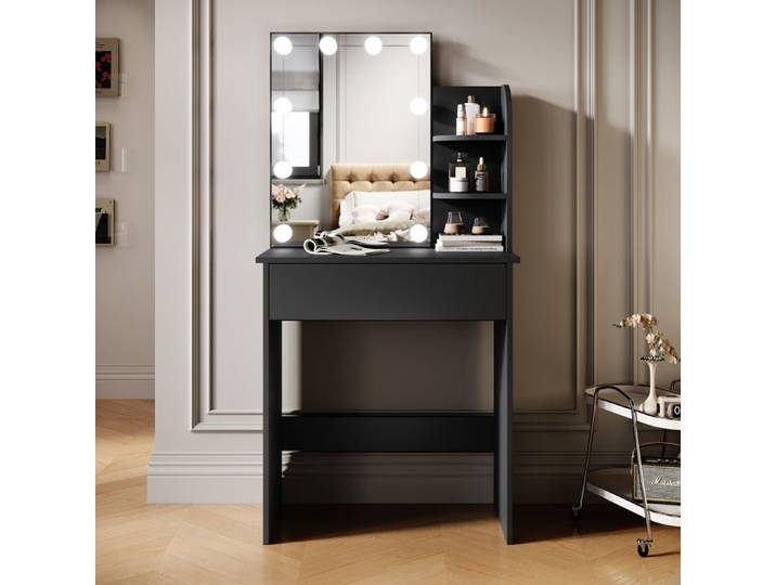 SIRHONA Coiffeuse avec LED Miroir Table de Maquillage avec Grands Tiroirs et étagères Noir 70x40x140cm
