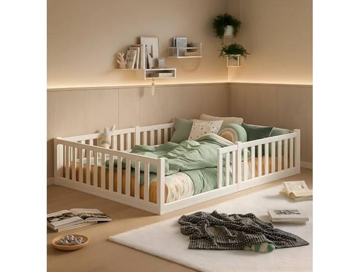 ALAVYA HOME® Titan Bodenbett 140x200 mit Rausfallschutz und Lattenrost - Bett 140x200 aus Buchenholz FSC® zertifizert mit 2 Jahre Garantie - Bett in Weiß für Erwachsene