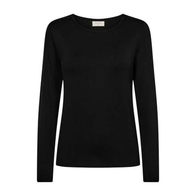 Langarmshirt FREEQUENT "Style Liana", Damen, Gr. S, schwarz, Web, Obermaterial: 95% Viskose, 5% Elasthan, unifarben, regular fit hüftbedeckend, Rundhals, abgesteppte Kante, 20_2_7_Shirts Langarmshirt, Rundhalsshirt mit Viskose und Stretch