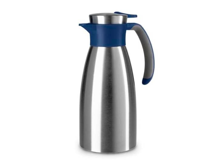Emsa Soft Grip Isolierkanne, 1 Liter, Edelstahl, 12 Stunden heiß + 24 Stunden kalt, Auslaufsicher, Rutschfester Griff, Farbe Blau, N4120100