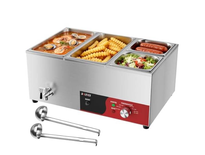 DULNICE Bain Marie Elektrisch 4Pan mit Reset Speisenwärmer Wasserbad,1500W Kommerzieller Edelstahl Elektrische Buffetwärmer mit Ablaufhahn,Suppenlöffel,für Partys, Catering und Restaurants 30-85°C