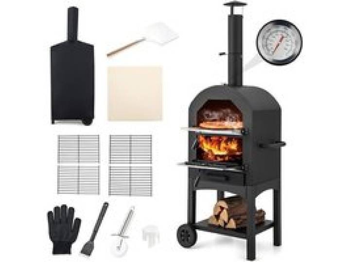 GIANTEX Four Pizza Extrieur en Fer Roulettes- Four BoisCharbonGranuls-Thermomtre Chemine- HoussePierre pizza fournis