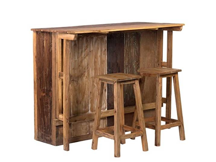 Rustikaler BARSCHRANK Aruba 110x140x69 cm (HxBxT), Bartisch mit 2 Barhockern, Massivholz Bartheke, Holz Weintheke, Minibar, Verkaufstresen, Hausbar, Empfangstheke, Bartresen, Haustheke
