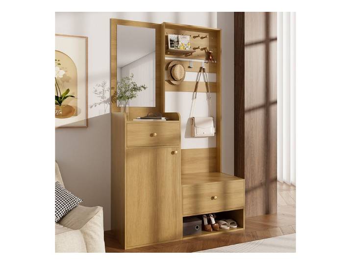 OKWISH Kleiderschrank 105x38x180 cm mit Spiegel, verstellbaren Haken und Schubladen (Packung, 1-St., Elegante weiße, Modernes Multifunktionales Eingangsregal) für Schuhe, Mäntel und kleine Gegenstände