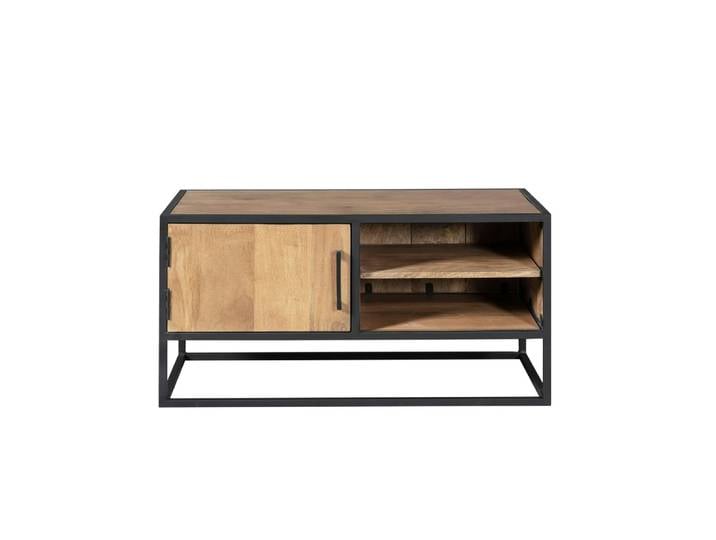 Meuble tv compact bois et métal, 1 porte 2 niches