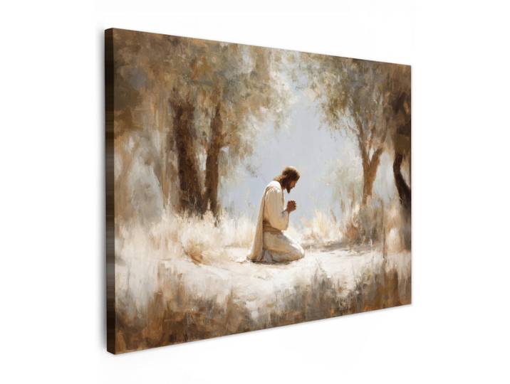 MuchoWow Leinwandbild - Jesus - Kniend - Waldlandschaft - Betend - 80x60 - Malerei, Beige, Hellblau, Textil, Kiefer, Abstrakt, Rechteckig, 80x60 cm, gerahmt, Bilder & Rahmen, Bilder, Wandbilder