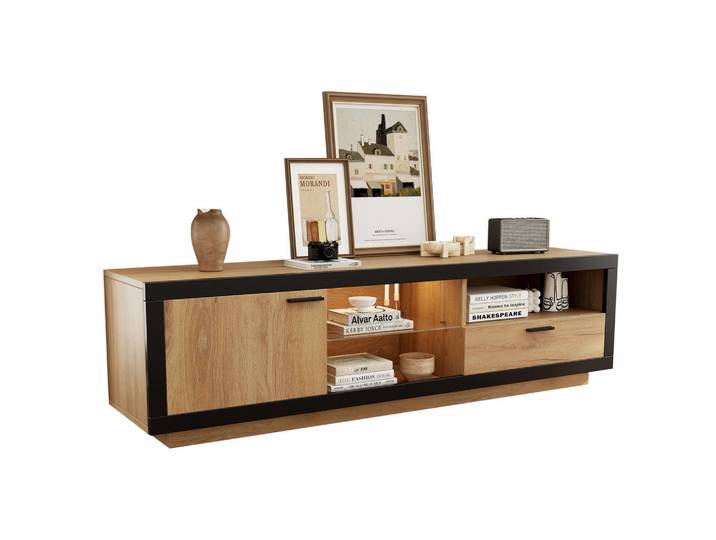 Redom Tv-Schrank Led-Rgb mit App, Schwarz/Eiche 160/40/50 cm, Eichefarben, 160x50x40 cm, Wohnzimmer, TV Möbel, Lowboards, Lowboards stehend