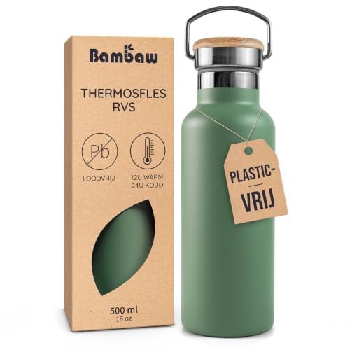 Bambaw RVS Thermosfles met Bamboe Deksel, Dubbelwandig en Lekvrij, 500 ml - Saliegroen
