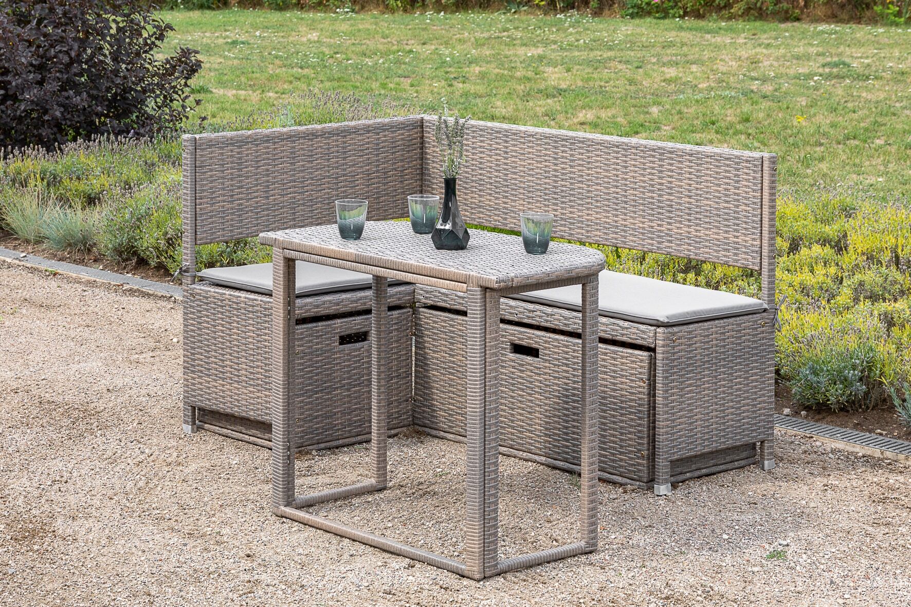 Gartenbank MERXX "Eckbank", grau (grau, beige), B:100cm H:91cm T:148cm, Kunststoff, Stahl, Sitzbänke, Gartenbank
