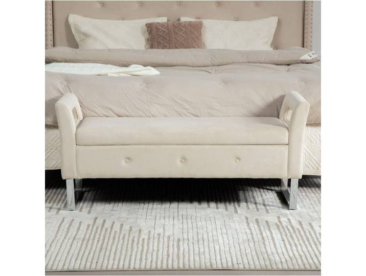 Banc De Rangement Velours Beige Banquette Moderne FloraGrace Pour Entrée Avec Coffre Intégré 138x51x60 5cm