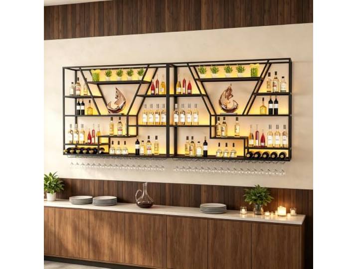 Schwarz Metall Wand‑Weinregal Industrial Design, 300 cm, mit Gläserhalter Mehrschichtiges Design, hohe Tragfähigkeit, Wandbar Regal für Flaschen und Weingläser, für Bar, Küche, Wohnzimmer