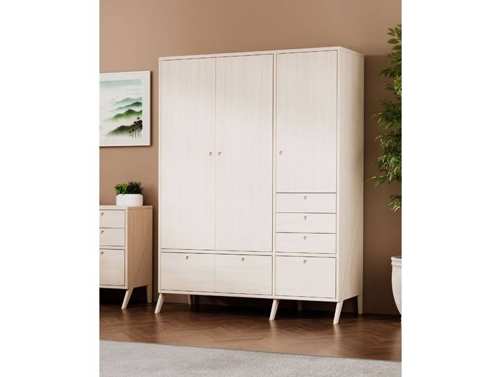 Naturwohnen Massivholz Kleiderschrank 200x150x61cm Natürlich Weiß lasiert Serie Vireo Türen & Schubladen mit Soft Close mit bioola® colour
