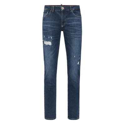 Straight-Jeans PHILIPP PLEIN "Jeans mit Supergerader Schnitt", Herren, Gr. 32, EURO-Größen, blau (14db, deepseablau), Obermaterial: 99% Baumwolle, 1% Elasthan. Futter: 65% Polyester, 35% Baumwolle, Jeans Straight-Jeans