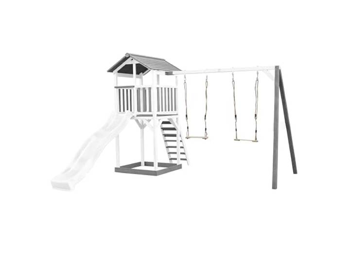 AXI Beach Tower Grau & Weiß mit Weißer Rutsche & Schaukel Spielplatz, Spielturm mit Sandkasten & Doppelschaukel, FSC Holz, Podesthöhe: 117,5 cm