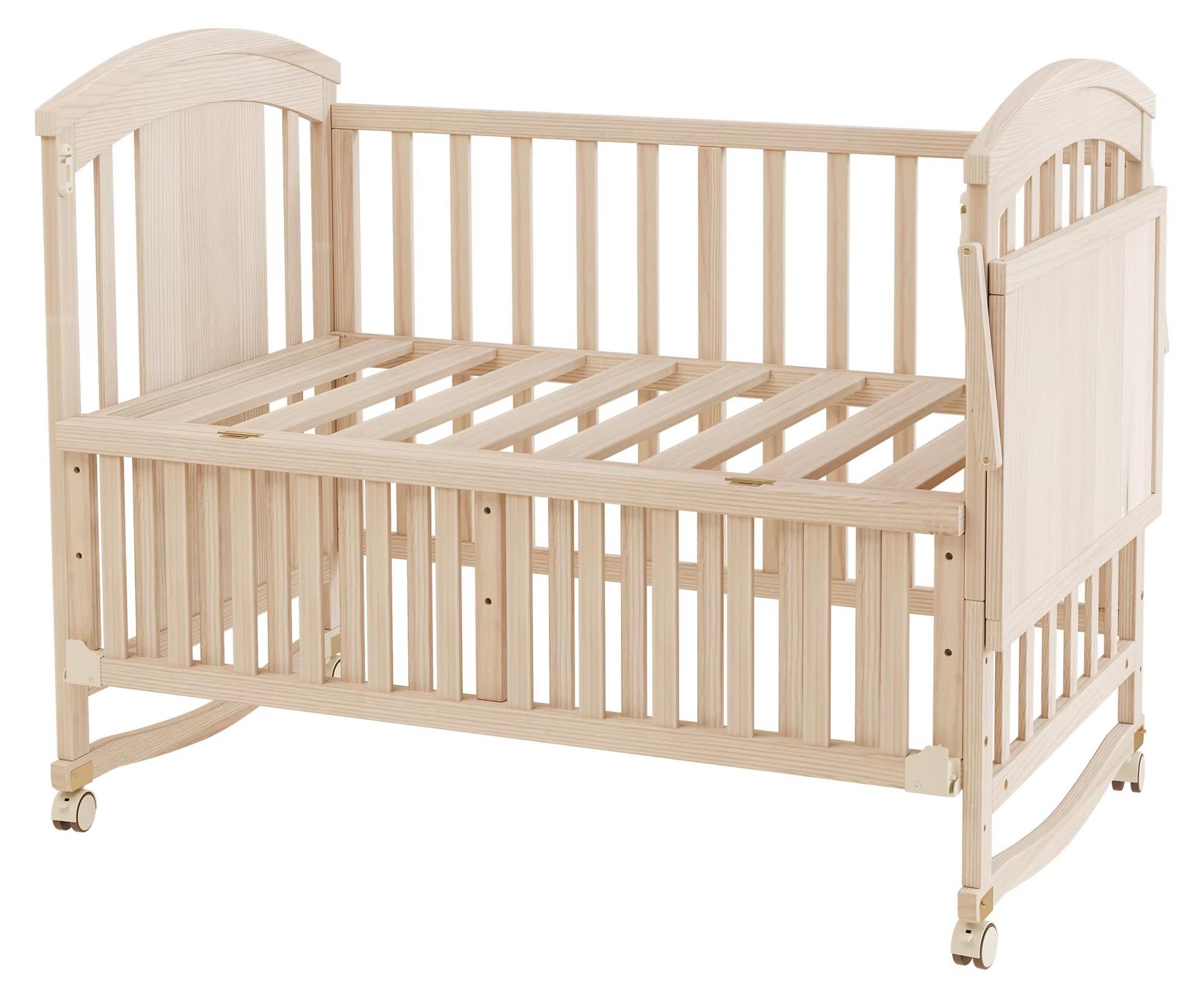 Umbaubares Babybett - Holz-Kinderbett - 120 x 60 cm - Naturholz - Multifunktional - Wickeltisch - Beistellbett-Modus - Rollen