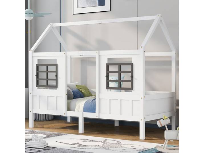 Lit cabane enfant 90x200cm - Cadre en pin et MDF - 2 fenêtres - Blanc