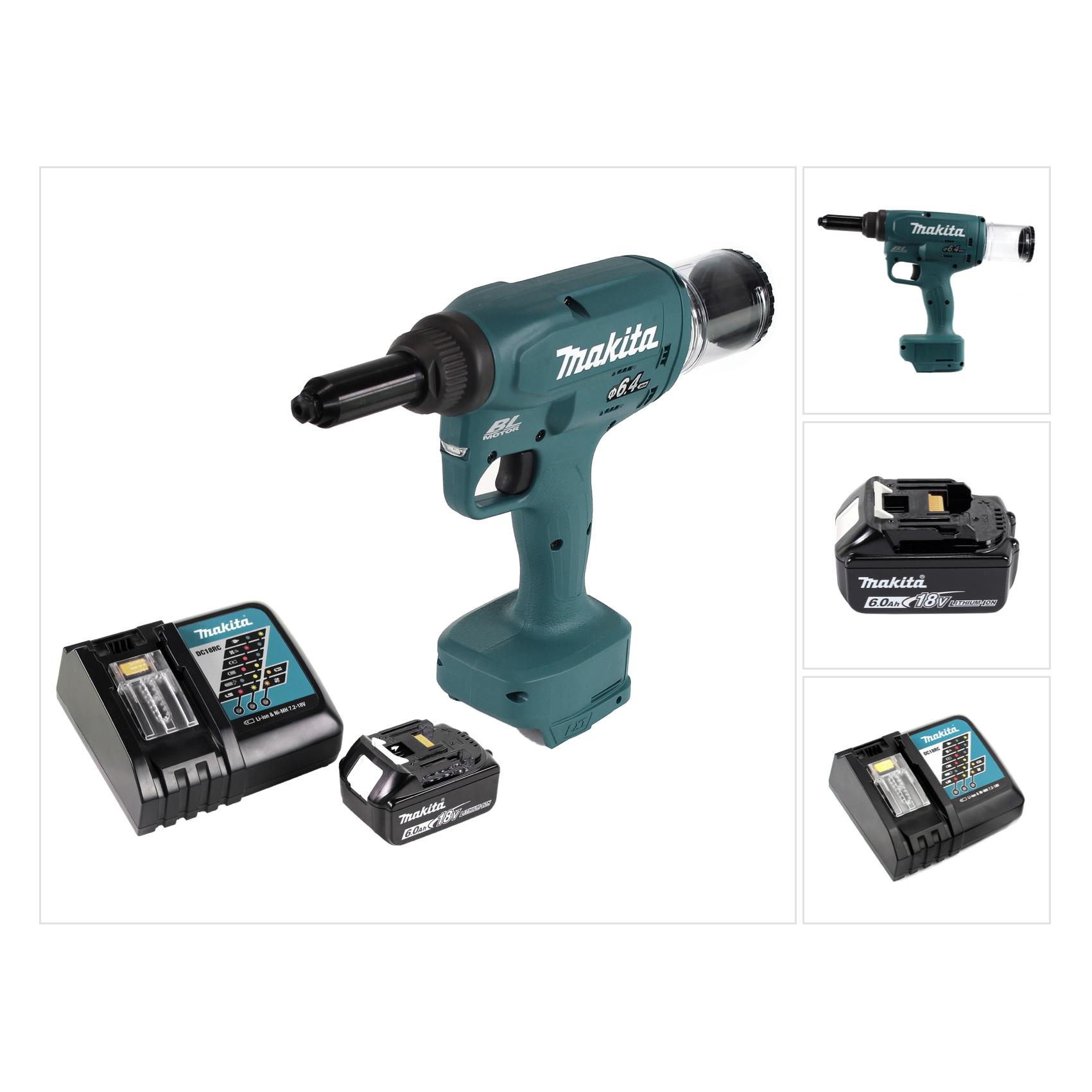 Makita DRV 250 RG1 Akku Blindnietsetzgerät 18V 20kN Brushless + 1x Akku 6,0Ah + Ladegerät (DRV250)