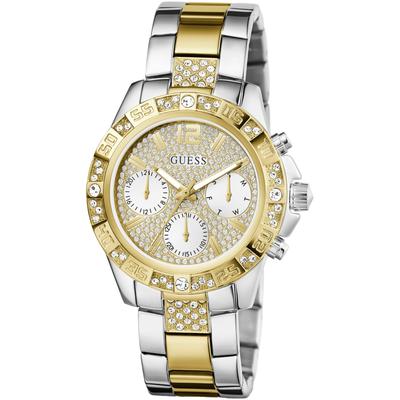 Multifunktionsuhr GUESS "MAJESTY", silber (silberfarben, gelbgoldfarben, weiß), Armbanduhren, Damen, silberfarben-gelbgoldfarben, Quarzuhr, Armbanduhr, Damenuhr, Datum, Edelstahlarmband