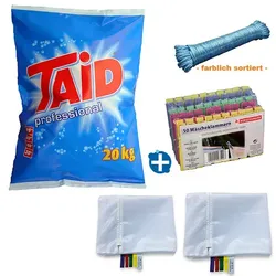 Set Vollwaschmittel 20 kg inkl. Wäschenetze,Klammern + Leine inkl. Vollwaschmittel, Wäscheleine, Wäschenetze und Klammern