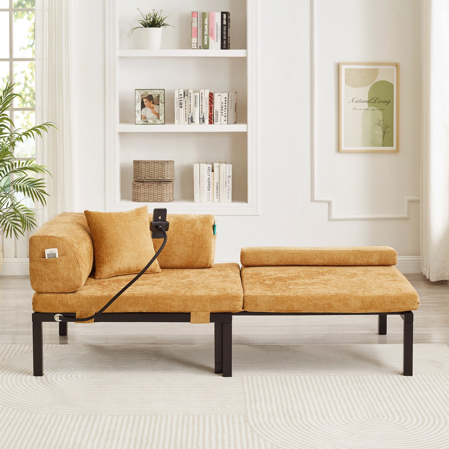CHICFURN Slaapbank met houten frame, uittrekbaar, Geel