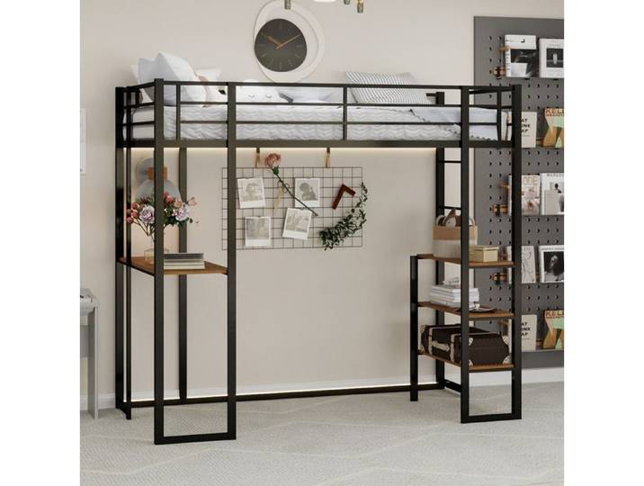 Lit mezzanine en métal 90x190 cm avec bureau intégré escalier et rangement sous le lit