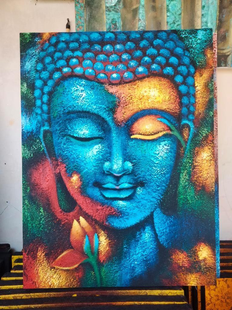 Schilderij van Boeddha met blauwe en gouden bloemen door Ancient Wisdom s.r.o.