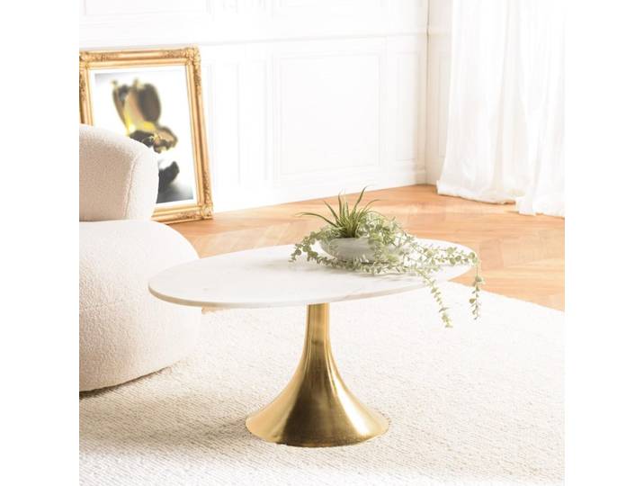 JAMES - Table basse 100x56cm plateau marbre pied évasé doré JAMES (2 COLIS)
