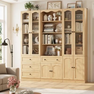 Rackcog "80""Tall Modular Bookcase with Wood Drawers, Glass Door Display Cabinet Kitchen Pantry Organizer"