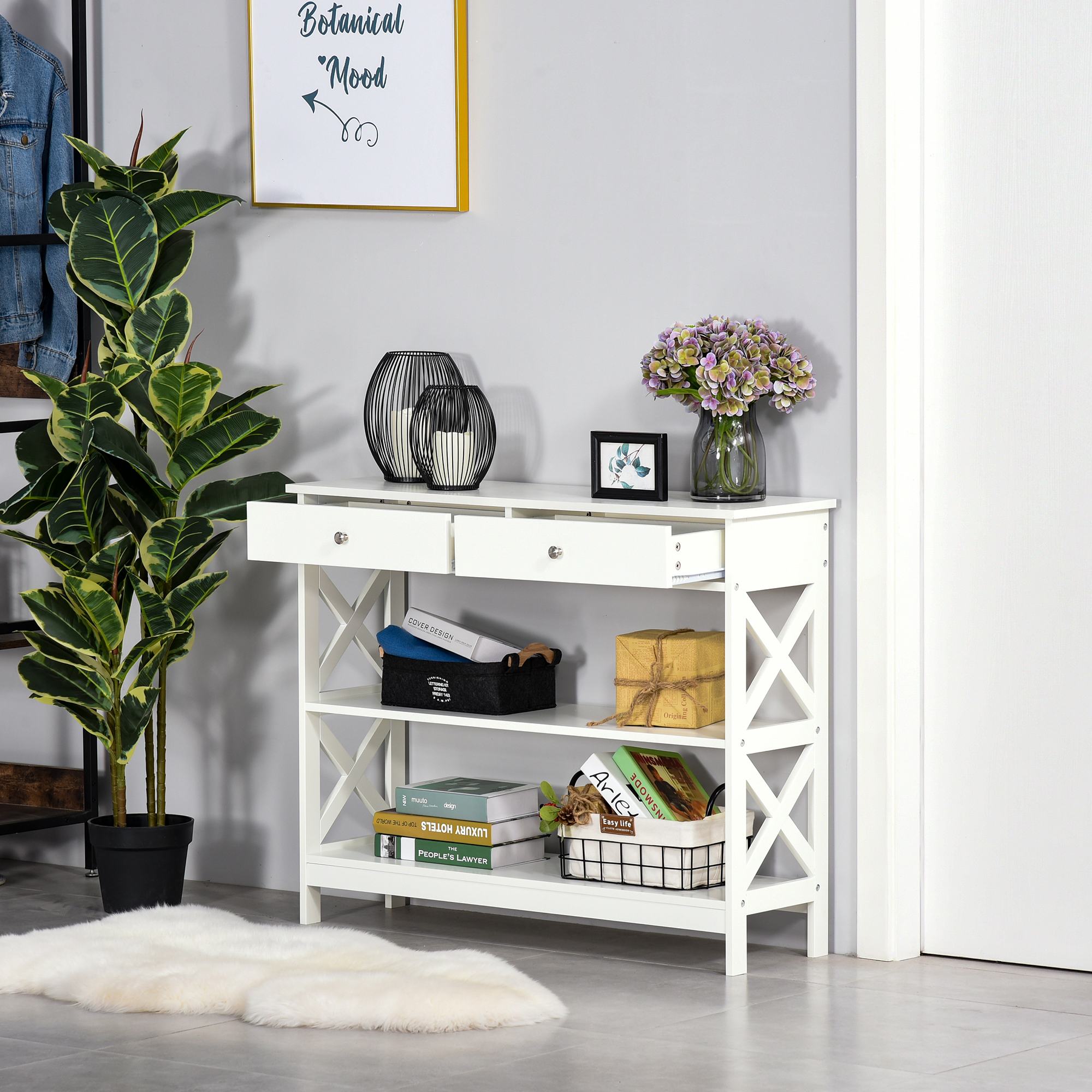 Homcom Tavolo Moderna Consolle da Ingresso con 2 Cassetti e 2 Mensole, Mobile da Soggiorno in MDF, 100x30.5x80cm, Bianco Aosom Italy