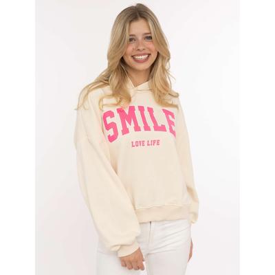 Hoodie ZWILLINGSHERZ "Smile", Damen, beige, Sweatware, Obermaterial: 65% Baumwolle, 35% Polyester, Sweatshirts Hoodie, Kapuze, lange Ärmel, elastische Bündchen, großer Neon-Print