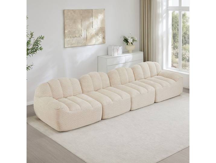 LPOSPI Canapé Modulaire 4 Places avec Repose-pieds - LPOSPI - Assise Profonde Forme Ergonomique Velours Côtelé - Beige Blanc