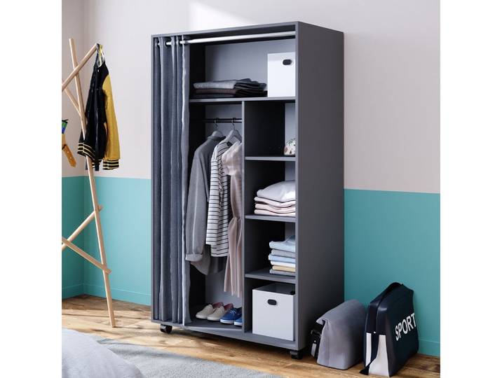 Vicco Kleiderschrank Doros, Grau, 100 x 168 cm mit Rollen (1-St) mit Kleiderstange