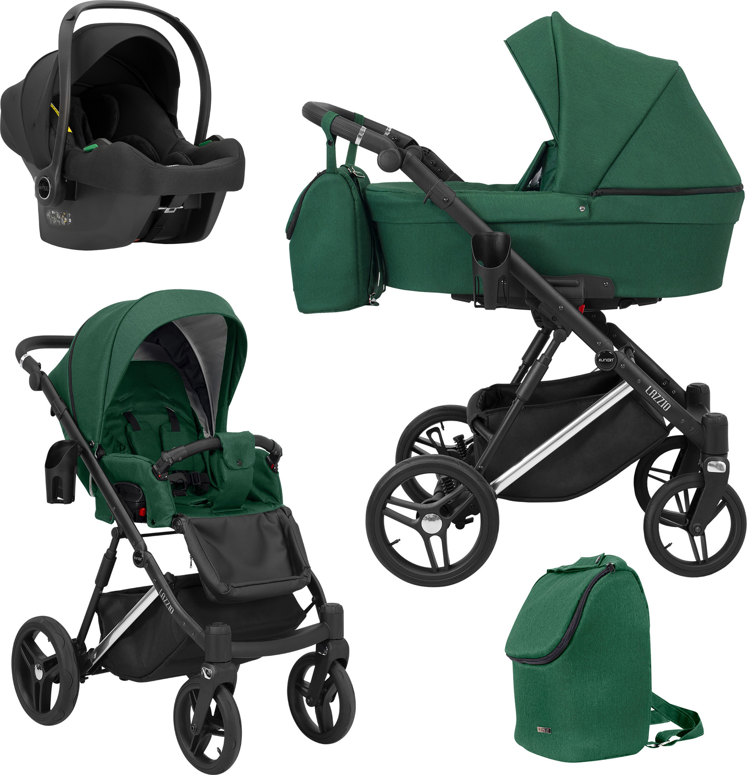 Kinderwagen LAZZIO PREMIUM Sportwagen Babywagen Babyschale Komplettset Kinder Wagen Autositz Set 3 in 1 (LAZ-05, Rahmenfarbe: Silber)
