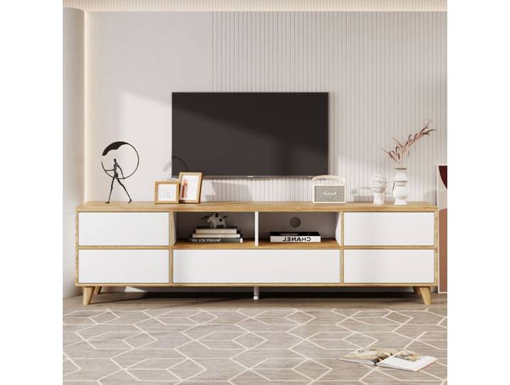 Armoire TV Basse Salon Blanc et Bois Meuble TV avec 5 Portes Compartiments Ouverts Buffet Style Rustique 175cm