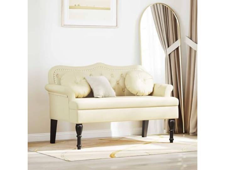 TEKGHUT Chesterfield Bank Creme 120,5 x 65 x 75 cm Kunstleder mit Armlehnen Knopfheftung, gerollte Armlehnen, Bankkissen inklusive, Sperrholzbasis, Gummiholzbeine, Wohnzimmer, Schlafzimmer, Flur