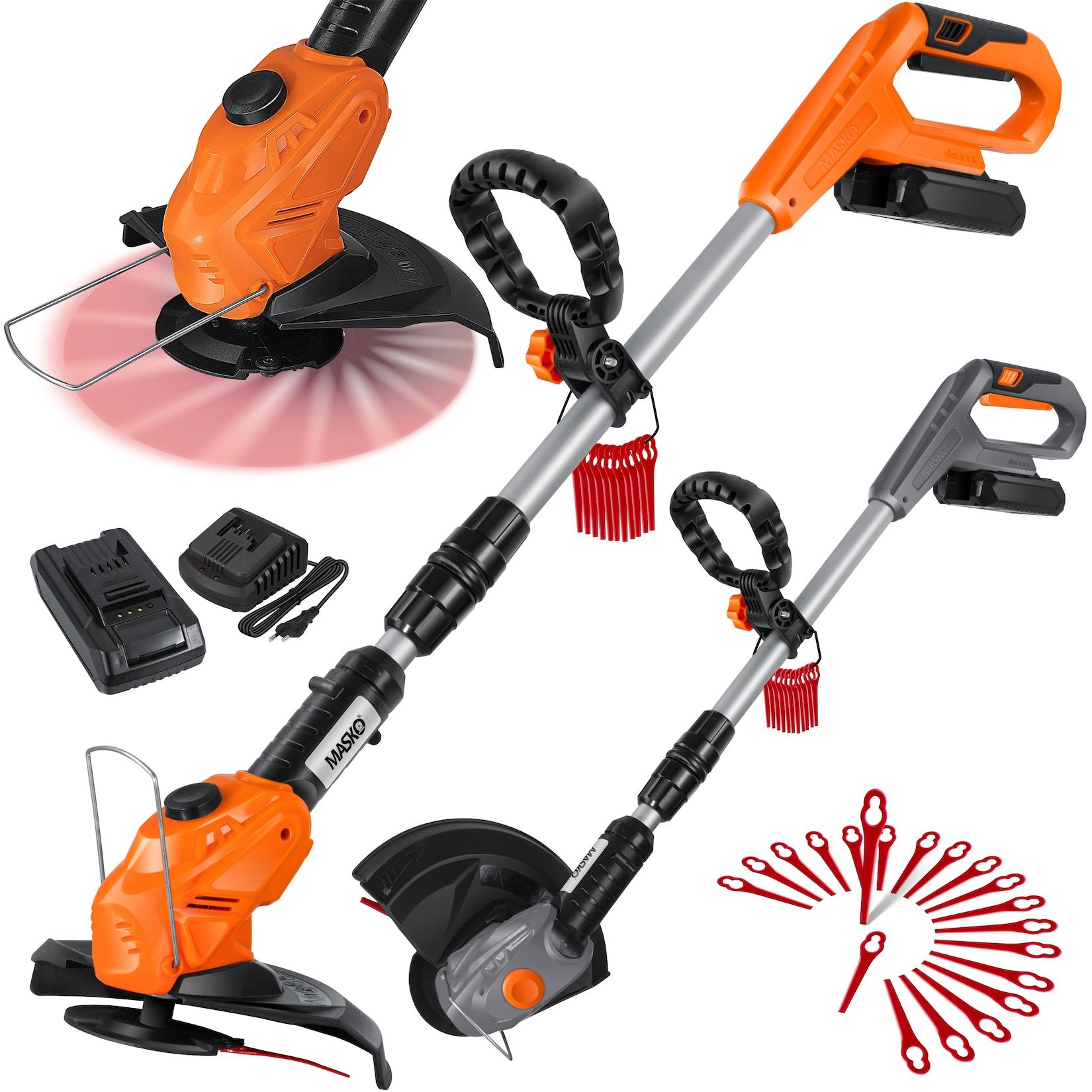 MASKO® Akku-Rasentrimmer mit 20 V Li-Akku, 2,0 Ah Akku und Ladegerät, Motorsense 26 cm Schnittkreis, 180° Trimmwinkel, Teleskop-Stiel & Zusatzhandgriff, inkl. 20 Messer Kunststoffklinge