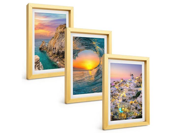 BILDER SET 3er Set - 20x30 cm Goldrahmen - Meereswellen, weiße Häuser, Santorini