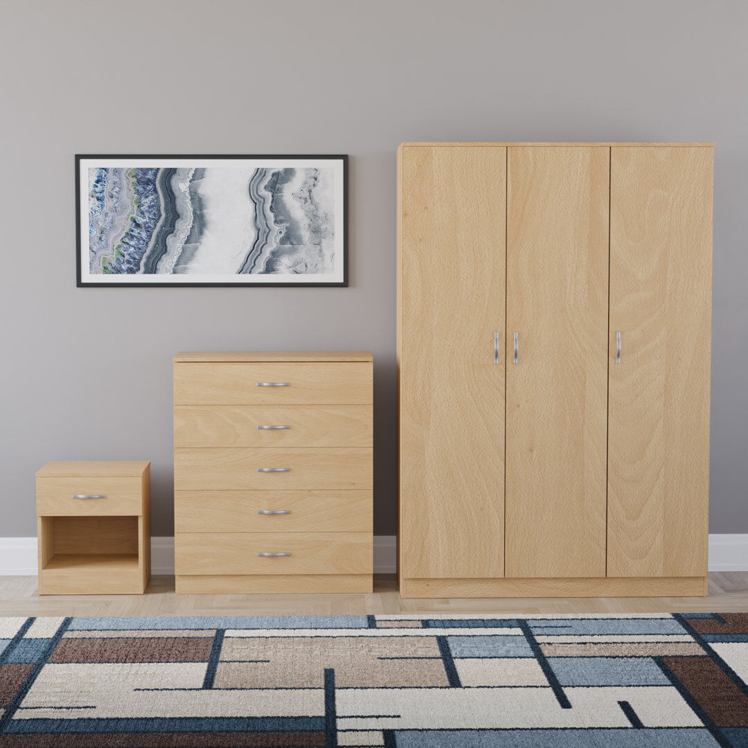 17 Stories Maybery 3 Piece Bedroom Set (1 Drawer Bedside Chest, 5 Drawer Chest, 3 Door Wardrobe), (5) Pine