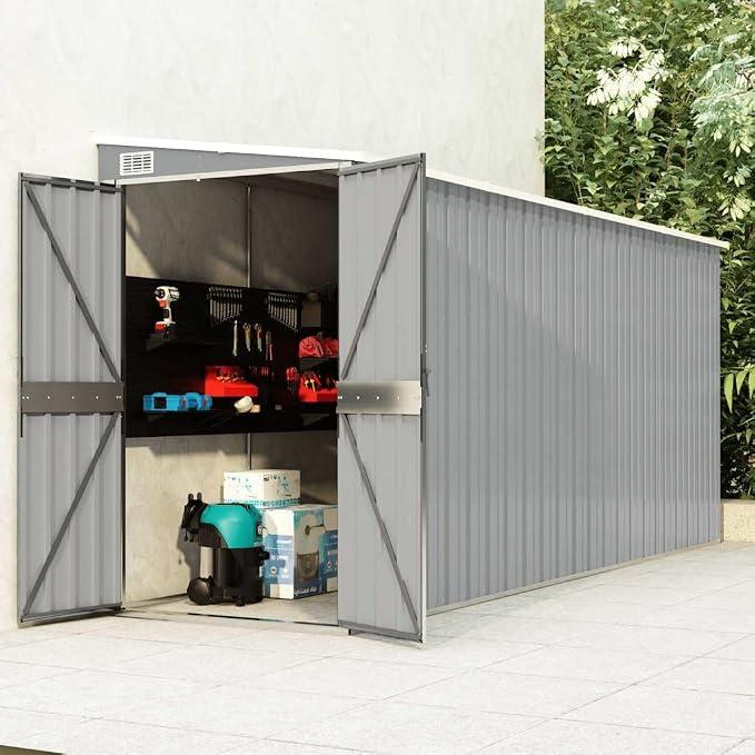 Anbauschuppen Grau verzinkter Stahl 118x382x178 cm wetterfest abschließbar mit Doppeltüren Kunststoffgriff für Gartenhaus Gerätehaus Aufbewahrung Werkzeug Fahrradbox