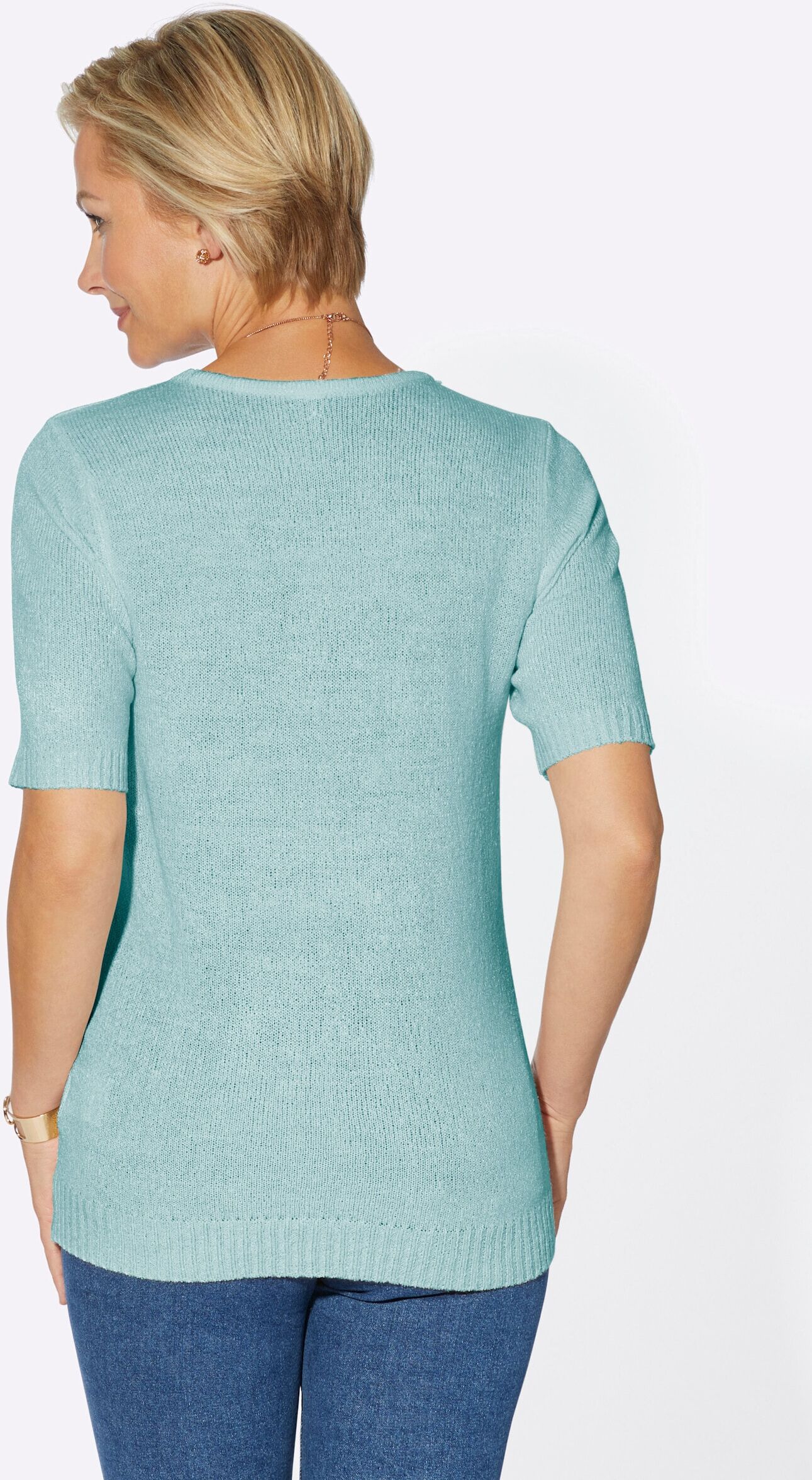 Longpullover WITT "Pullover Rundhalspullover aus Feinbouclé", Damen, Gr. 48, aquamarin, Basic, Rundhals, Pullover Longpullover